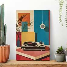1pc Framed Wall Deocr Canvas Poster Mid Century Modern Vinyl Record Player Wall Art Print Poster - Musical Theme, Retro & Art Deco Style, Canvas Posters Wall Art For Home Decor Office Decor, Living Room Decor, Bedroom Decor- Portrait Canvas Poster For Indoor Decor, Ink Artwork, Spring & Winter Season, Wall Art With Frame - H - 查看 4