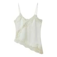 Women Satin Lace Camisole Top Sleeveless Spaghetti Strap Silk Lace Trim Cami Top Asymmetrical Tank Top Streewear - Màu be - Xem 4
