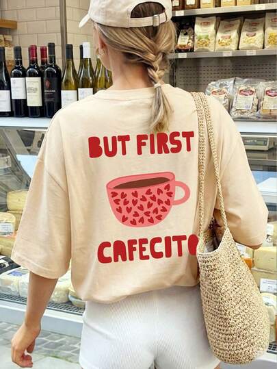 1pc Women's Summer Round Neck Short Sleeve T-Shirt, Pink Heart & Coffee Cup, English Letter Print, Elegant Coffee Lover Theme Loose Casual Versatile Tee