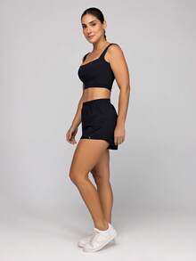 LOT FITNESS Women's Fitness Set: Gym Top With High Support And Loose-Fitting Double Shorts With Pockets - 黑色 - 查看 3