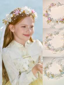 1件花童头饰，韩式公主森林风花冠头饰，适合婚礼、派对、正式仪式发饰，花环头箍仿珍珠发带，甜美欧式婚礼少女头饰 - 彩色 - 查看 11