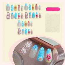 Summer Flower Press On Nails Medium French Tip Fake Nails 3D Pearl Flower Acrylic Nails Tropical Flowers Ocean Style Handmade False Nails Almond Glue On Nail Spring Summer Artificial Nail 30Pcs - Màu A - Xem 6