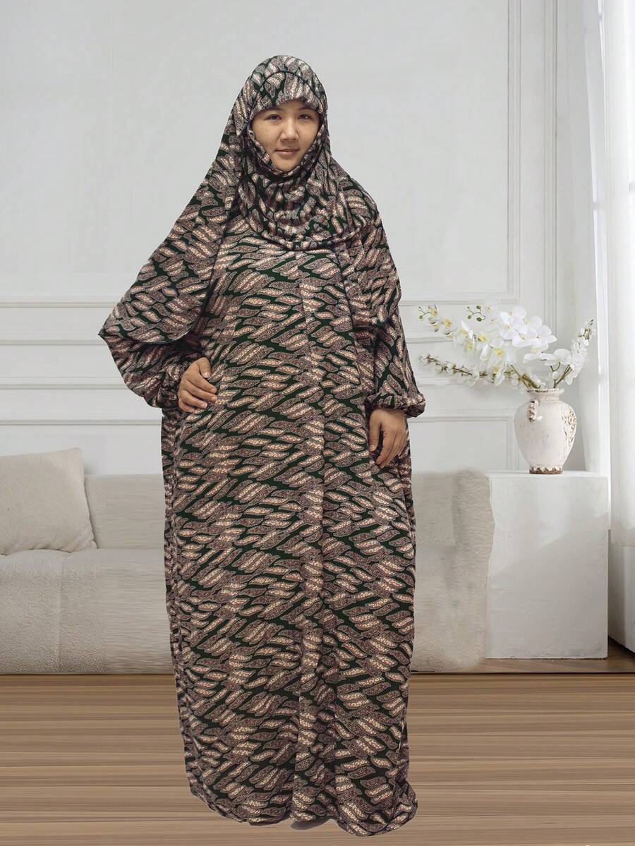 女士围巾长袍，花卉提花面料，拉链式阿巴雅，舒适透气，四季皆宜，适合春季度假穿着