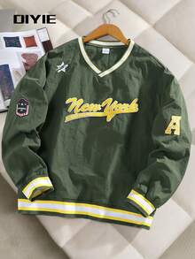 DIYIE Fashion Men's V-Neck Pullover Sweatshirt, Casual Athletic Style, Comfortable Commuter Sweatshirt, Spring/Summer/Autumn V-Neck Embroidered Sweatshirt - Green - View 1