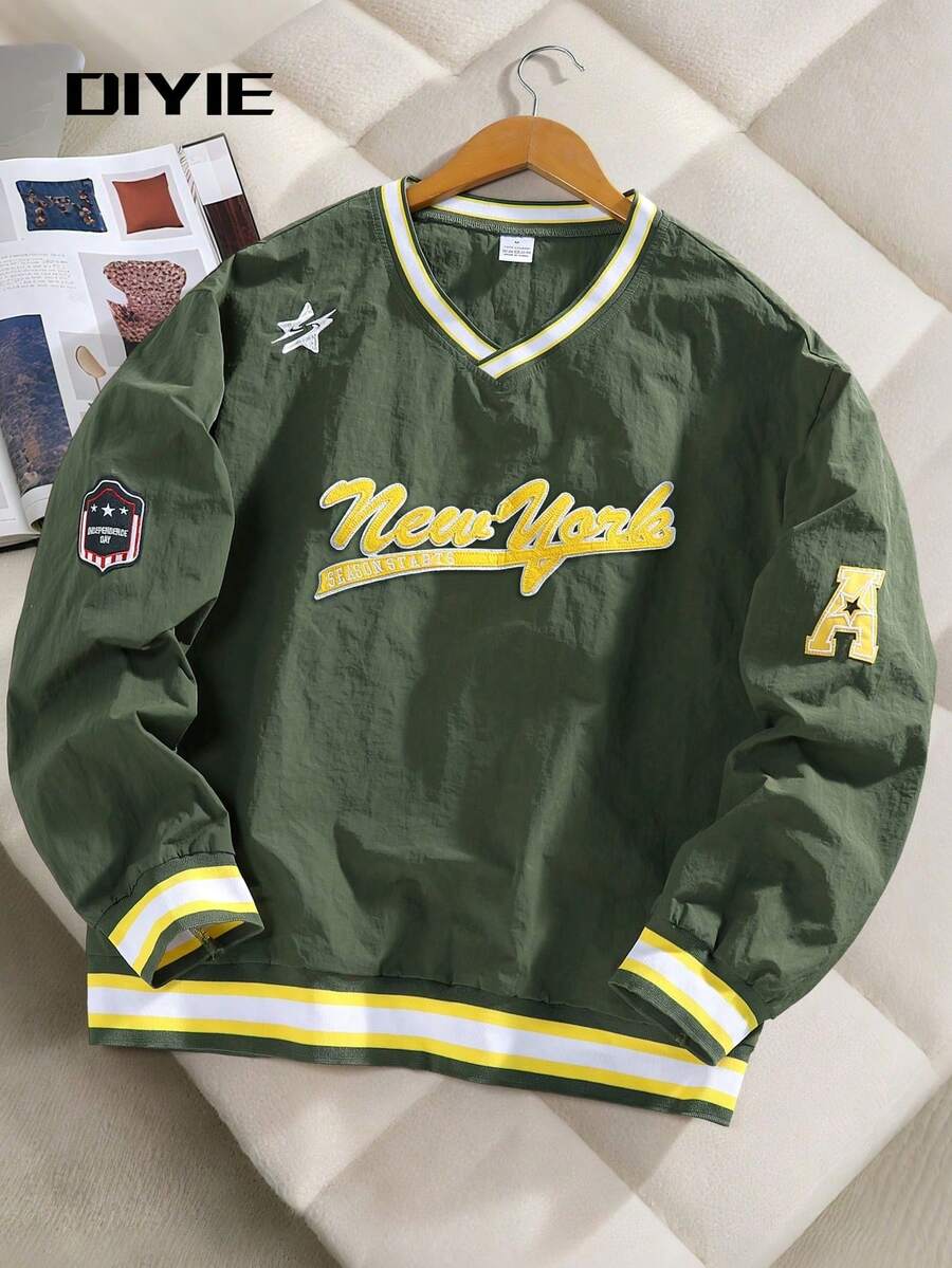 DIYIE Fashion Men's V-Neck Pullover Sweatshirt, Casual Athletic Style, Comfortable Commuter Sweatshirt, Spring/Summer/Autumn V-Neck Embroidered Sweatshirt - Green - View 1