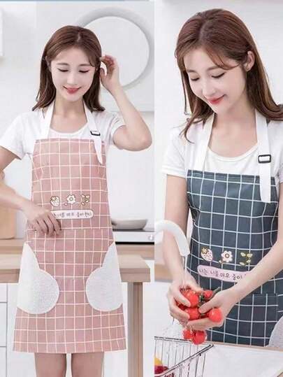 1 pieza Delantal con estampado de cuadros, delantal de material PVC impermeable, bata a prueba de aceite apta para limpieza del hogar, limpieza de cocina, ropa de trabajo reutilizable y resistente a la suciedad