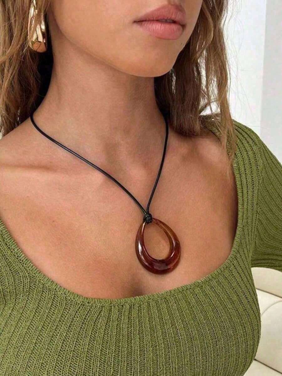 1pc Teardrop Geometric Acrylic Pendant On Leather Cord Necklace Acrylic Hand Dyeing With Color Difference Does Not Affect The Wearing Effect - Multicolor - View 1