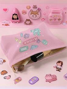 1pc Customized Name Cartoon Valentine's Day Heart & Flower Pattern Corduroy Toiletry Storage Bag, Perfect For Organizing Toiletries On The Go, Customizable Based On Your Unique Design, Suitable For Children, Print Your Own Name Or Your Sister's And Classmate's Name As A Gift - Multicolor - View 10