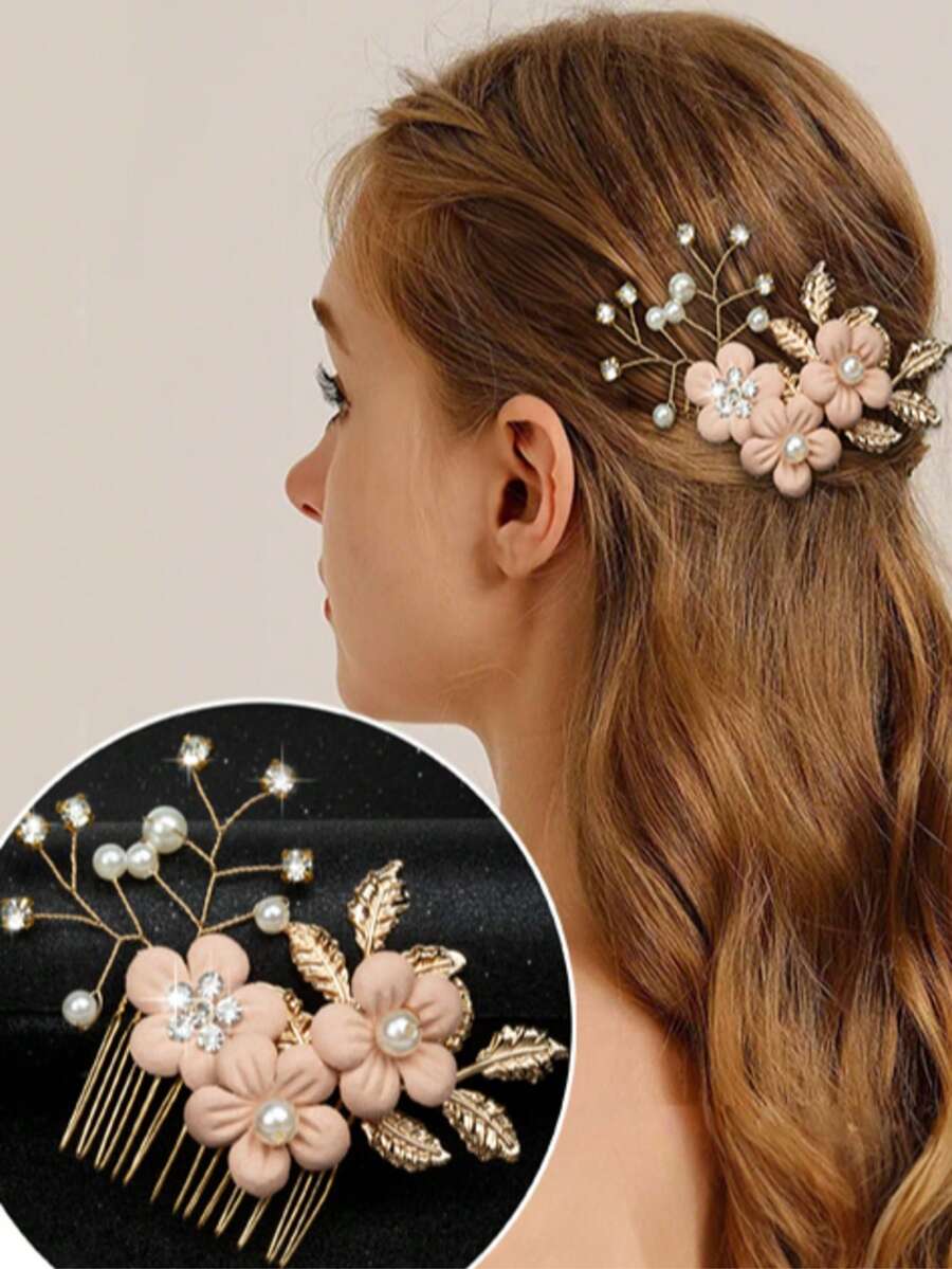 1pc Girls Champagne Pearl & Rhinestone Flower Hair Clip With Golden Leaves, Suitable For Flower Girl Or Bride Wedding - Champagne - View 1
