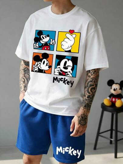 Disney 2pcs Mickey Mouse Print Men's Casual Loungewear Set, Round Neck Top And Shorts, Suitable For Spring/Summer