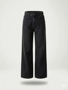 Women's Black Wide Leg Jeans, Loose Fit, Casual Chic Style - Black - View 6