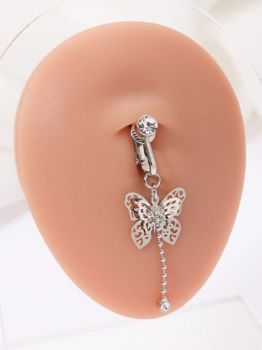 1 pieza Nuevo aro falso para el ombligo sin perforación de acero inoxidable con strass - Plateado - Ver 1