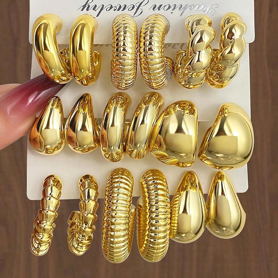 18pcs CCB Earring Set, C-Shaped Tire Pattern Earrings, Jewelry Gift Set For Women - Gold - View 1