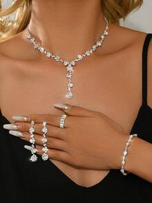 4pcs/5pcs/Set Elegant Crystal Rhinestone Jewelry Set - Earrings And Necklaces, Bracelets, Rings - Suitable For Women's Daily Wear, Weddings, Parties, Etc. - Silver ZT8925 - View 1