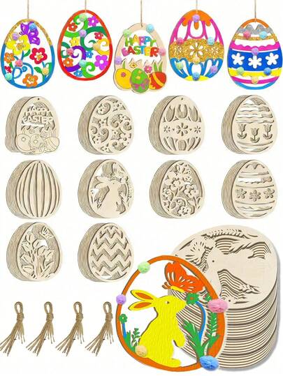 20pcs Wooden Easter Bunny Egg Hanging Ornaments, Unfinished Wooden Hollow Easter Eggs & Rabbits Crafts, Creative Wooden Craft Bunny Openwork Ornaments, Flat Surface For Easter Home Party Decorations, Painting, Home Hanging Decor, Classroom Gifts, Spring DIY, Happy Easter.