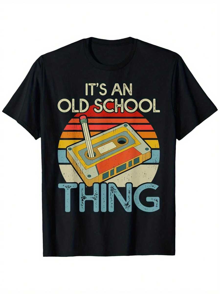 Retro Kassettenband Grafik-Shirt| Unisex 80er & 90er Musikdesign,%, Rundhalsausschnitt, Kurzarm, S-, Schwarz mit bunten Streifen & IT'S AN OLD SCHOOL THING Druck, Vintage-Shirt, Übergröße - Schwarz - Übersicht 1