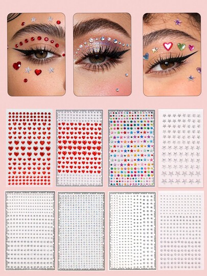 Transparent Pure Shiny Multi-Grain Facial Gems Decor, Big Red Heart/Mixed Silver & White Star Self-Adhesive Facial Gems, Suitable For Eye Corner/Nail/Facial Decoration, Suitable For Music Festival, Carnival, Valentine's Day, Y2K Style Party, Daily Decoration, Makeup Party, Ball, Can Be Used For Hair, Eyes, Face, Body Decoration