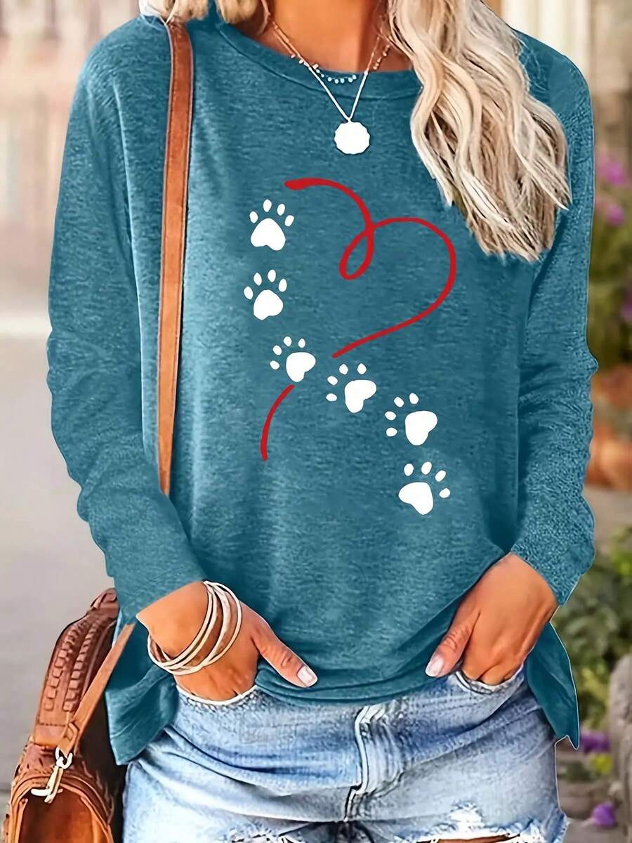 [Latest Model] Creative Letter Pattern Printed T-Shirt, Casual Crew Neck Base Shirt, Spring Summer Vacation Long Sleeve T-Shirt, Women's Sportswear, New Women's Fashion, Machine Washable - 湖蘭色 - 查看 1