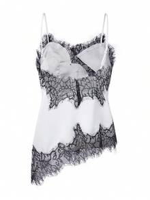 Women Satin Lace Camisole Top Sleeveless Spaghetti Strap Silk Lace Trim Cami Top Asymmetrical Tank Top Streewear - Đen và trắng - Xem 5