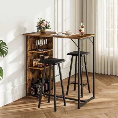 Industrial Bar Table Set With 2 PU Leather Stools - Counter Height Pub Table With Metal Frame, Wine Glass Holder & Lower Shelf - Retro Brown Bistro Set For Kitchen, Living Room, Man Cave