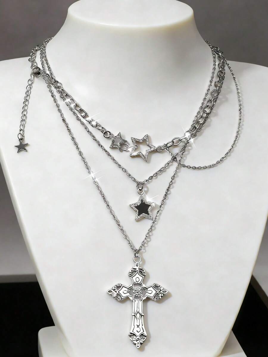 3pcs/Set Vintage Gothic Style Statement Star Charm Chunky Chain Necklace Set For Women, Punk Style - 銀色 - 查看 1