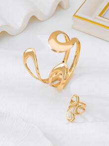2pcs Fashionable & Elegant Smooth Bangle Bracelet & Ring Jewelry Set, Gift For Women, Party & Banquet - Bracelet and Ring Set - View 8