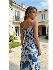 Printed Summer Dress In Crepinho Fabric - 藍色 - 查看 3
