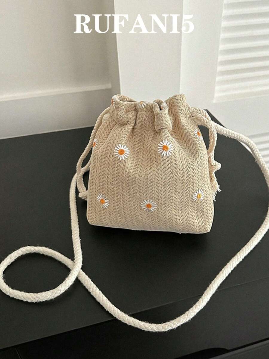 Mini Floral Embroidered Drawstring Design , Straw Purse, Straw Beach Bag, Beach Necessities, Beach Essentials,Beach Stuff & Summer Essentials, Eye-Catching Beach Bag Summer, Hottest Beach Bags For Women - Khaki - View 1