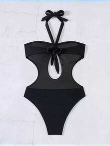 Bộ áo tắm croptop không tay dây mảnh thời trang này có thiết kế hở lưng và xẻ cao, với độ co giãn vừa phải, được thiết kế đặc biệt dành cho phái nữ. Thích hợp cho kỳ nghỉ biển. - màu đen - Xem 8