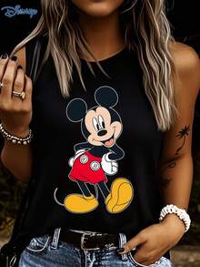 Disney 1pc Women's Casual Mickey Mouse Graphic Print Tank Top, Round Neck Stretchy, Suitable For Daily Wear, Easy Care Material, Women Sleeveless Shirt - Black - View 3
