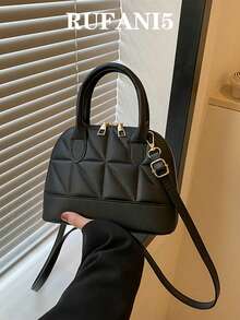 Quilted Double Handle Dome Bag Simple Design Zipper Shoulder Bag, Solid Color PU Leather Crossbody Bag, Portable Top Handle Handbag , Old Money - Black - View 6
