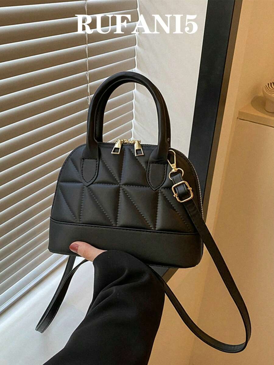 Quilted Double Handle Dome Bag Simple Design Zipper Shoulder Bag, Solid Color PU Leather Crossbody Bag, Portable Top Handle Handbag , Old Money - Black - View 1
