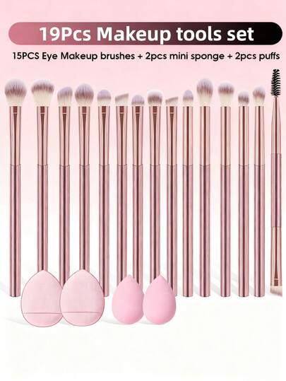 19-Piece Makeup Brush And Beauty Sponge Set Includes 15 Makeup Brushes + 2 Ultra-Soft, Non-Absorbent Beauty Sponges + 2 Portable Powder Puffs For Setting Powder-Soft, Skin-Friendly, And Conveniently Packaged Complete Set