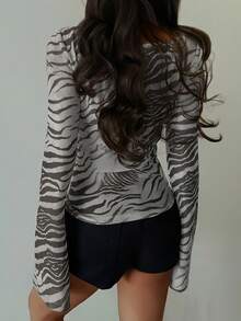 女士褶皱网纱豹纹上衣，长袖斑马纹衬衫，浅灰色斑马纹衬衫，斑马纹服装，动物纹衬衫，舒适女士上衣，春季女装，夏季上衣，适合海滩、派对、外出、夜店、母亲节等场合 - 淺灰色 - 查看 6
