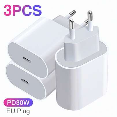 Fast Charging EU Type C E F Plug 220-240V Wall Charger 3PCS/2PCS/1PC EU PD 30W Multi-Function Wall Charger, Available In Multiple Specifications, Supports Fast Charging Compatible With Iphone 17/16/15/14 Pro Max/14 Pro/14 Plus/14/13/12/11-30 W PD Adapter; Perfect For Home, Office, Travel, And Valentine's Day Gift.