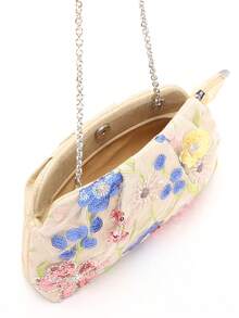 1pc Colorful PVC Sequin Flower Pattern Linen Base Mesh Embroidery Ruffle Cloud Clutch Bag, Shiny Sparkly Evening Bag For Casual, Holiday, Party Use (Flower Sequin Pattern Randomly Sent) - Multicolor - View 8