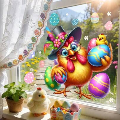 1/4 Stück wiederverwendbare statische Osterhahnfensteraufkleber mit Ostereiern, beidseitig wiederverwendbare Frühlingsdekoration für Zuhause, klebstofffreie Glasaufkleber für Feiertagsraumdekoration
