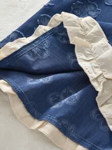 2pcs Girls' Fashion Set, Denim Effect Sleeveless Printed Lapel Top Paired With Lace Patchwork Long Pants, Casual Outfit - Blue - View 6