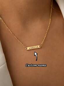 1pc Customized Name Plate Necklace, Minimalist Stainless Steel Name Plate Necklace Suitable For Daily Wear, Women's Necklace, Customized Name Necklace, Valentine's Day Gift For Her, Ramadan, Birthday, Anniversary, Back To School, Mother's Day Personalized Gift - Multicolor - View 3
