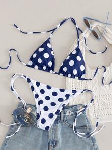 2 pièces/set Nouveau 2026 Bikini d'été pour femmes en vacances à la plage, sexy, mignon, frais, mode, avec Top à lacets et imprimé pois - Bleu azur - Voir 6