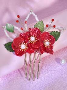 1 Stück rote Blumen Haarkamm mit eleganter Perlen-Kristall-Dekoration, feenhafter Seitenhaarschmuck geeignet für Braut, Hochzeit, Festival, Party, täglichen Lässig-Anlass, Date-Gelegenheiten für Frauen, Haarkamm, Haarschmuck - Rot - Übersicht 9