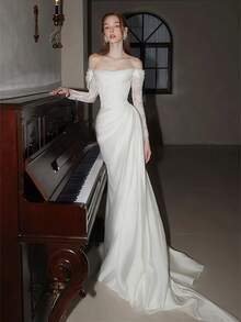 Elegant Sexy Off Shoulder Long Sleeves Mermaid Satin Formal Bridal Dress Registration Wedding Dress For Bride,Bridal Fashion,Evening Party Dress Bridal Gowns,Romantic Church Ceremony Wedding Dress,Suitable For Wedding,Party,Singles' Party,Vacation,Bride,Formal Occasions,Dinner Dress,Prom Dress,Homecoming Dress,Cocktail Party - 白色 - 查看 2