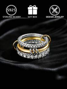 Juego de anillos apilables de plata de ley de dos tonos 925, anillos de plata con incrustaciones de circonita cúbica multicapa, minimalista y versátil para uso diario/caja de regalo - Plateado - Ver 5