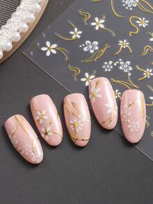 春夏白色雏菊美甲贴纸，法式风格，白色花瓣，金色线条，闪粉自粘塑料美甲贴花，半哑光，一次性使用，不规则形状，适用于玻璃表面装饰美甲用品 - 彩色 - 查看 9