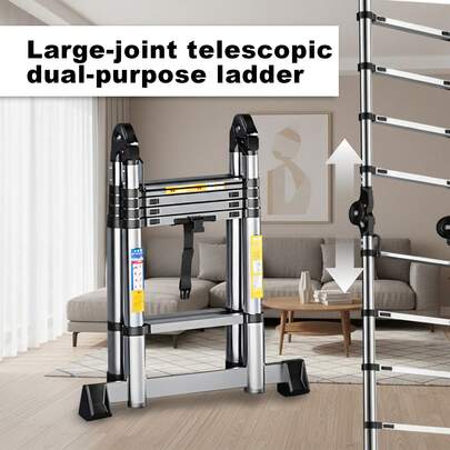 SAEIV Telescopic Folding Ladder, Stainless Steel, 4.2m (2.1 + 2.1m), Extendable Ladder, Non-Slip Stainless Steel Stepladder, Multi-Purpose Ladder, Telescopic Extension Ladder, 150kg Load Capacity