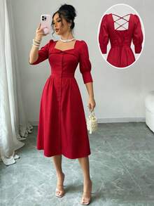 红色编织中长连衣裙 – 方领、泡泡袖、纽扣前襟、交叉露背设计、收腰A字裙摆 – 轻盈透气面料，完美适用于约会之夜、鸡尾酒会和复古主题活动 – 魅力四射、优雅迷人、永不过时 - 紅色 - 查看 11