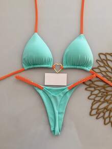 2pcs Casual Cute Elegant Sexy Bohemian Floral Tie-Up Braided Bikini Swimsuit, Beach Vacation, Spring/Summer - Baby Blue - View 1