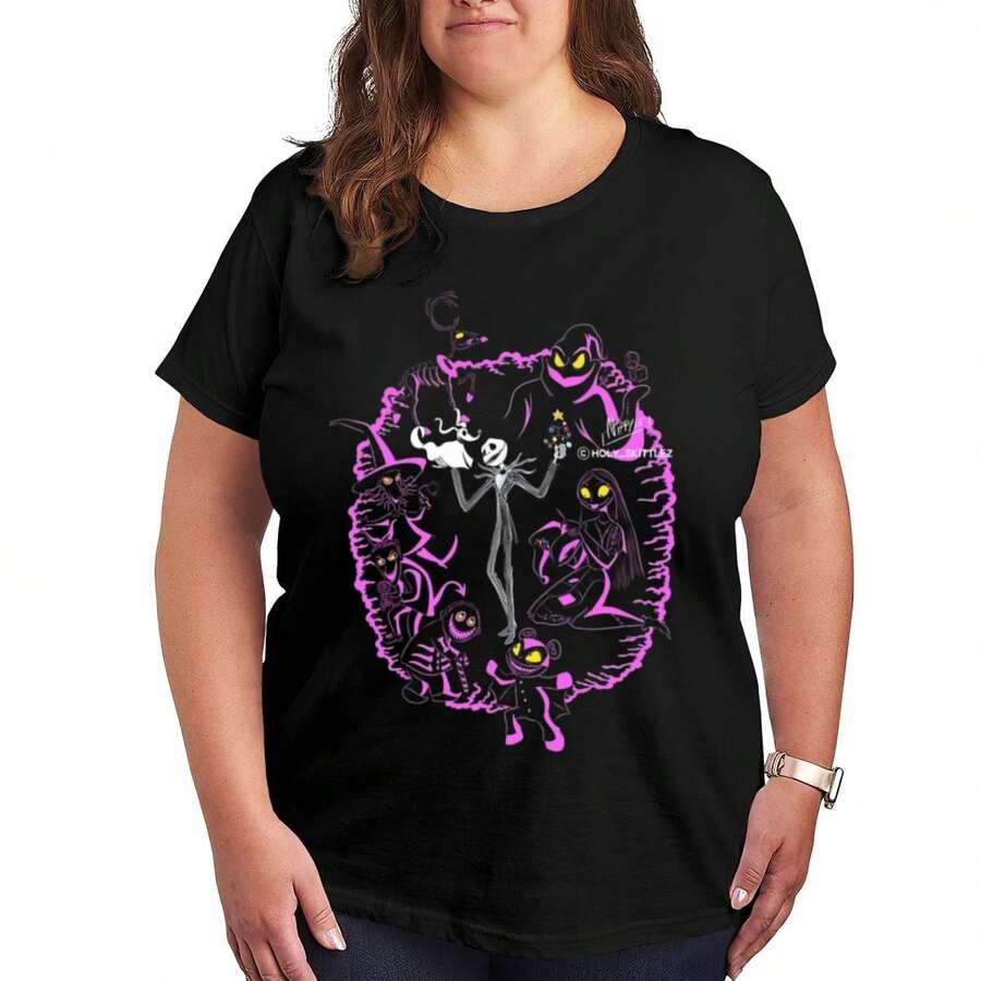 The Nightmare Before Christmas Abstract Art T-Shirt Plus Size, Classic Crew Neck Summer Essentials, Breathable Cotton Blend Daily Tee - 黑色 - 查看 1