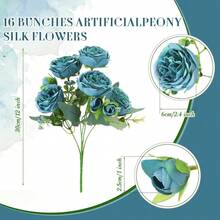 16 Bundles Artificial Peonies Flowers Fake Silk Peony Bouquet Faux Peonies Flowers Bulk For Decoration Vase Floral Arrangements Wedding Party Table (Teal) - 藍綠色 - 查看 3
