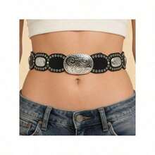 1个西部风格皮带扣，男女通用可互换牛仔裤皮带扣，时尚百搭的古铜色/金色/银色对称几何设计，适用于外套、夹克、腰带，四季皆宜。 - 銀色外貿橢圓圓餅 - 查看 1